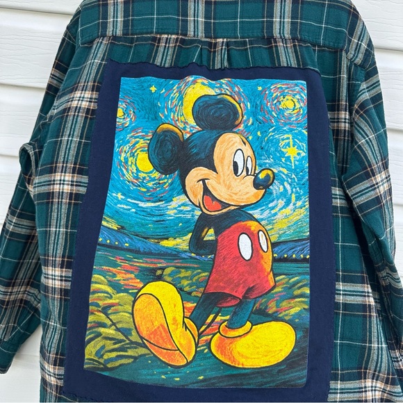 Plaid Shirt with Mickey Mouse Starry Night Design Large Handmade Custom - Picture 3 of 11